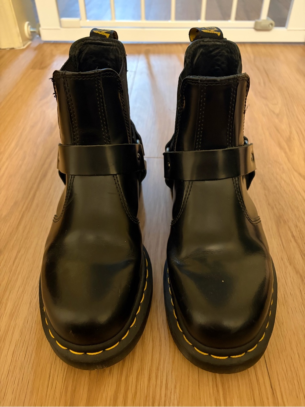 Dr. Martens Black Leather Harness Boots with Yellow Stitching